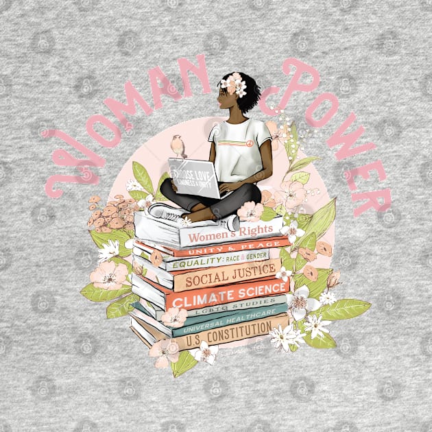 Woman Power - Floral Black Woman on Books by Jitterfly